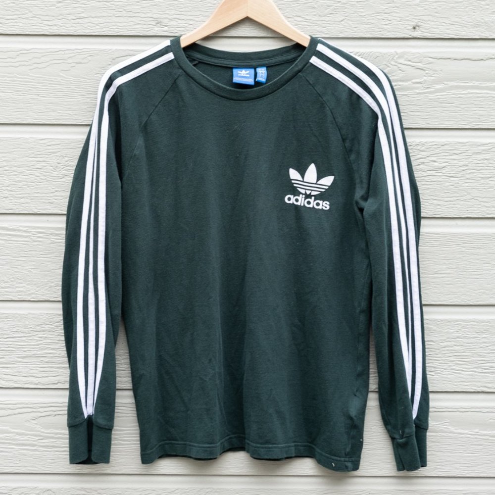 Adidas Originals 3 Stripe Pique Long Sleeve Tee, Green/White, BR2046, Mens Large